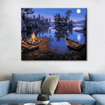 Diy Digital Oil Painting Scenery Living Room Bedroom Decorative Painting-241-Moonlit Night Flat Lake